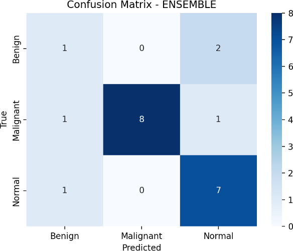 Test-set confusion matrices of the four evaluated models: (a) XGBoost (Radiomics), (b) Random Forest (Radiomics), (c) Deep Fusion, and (d) Ensemble.