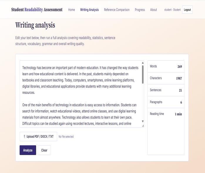 Writing analysis and assessment interface.