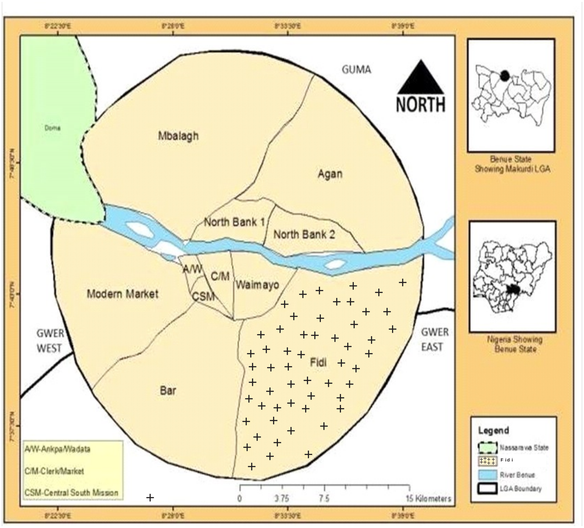 Map showing Fiidi (study area) in Makurdi Local Government Area (source: GIS Lab, MOAUM).