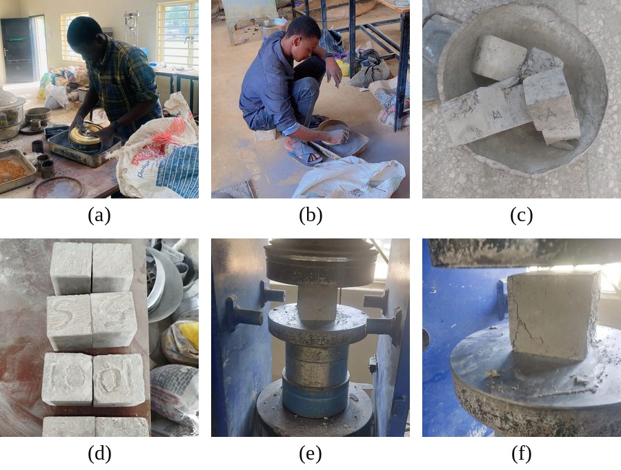 Experimental programme: (a) mechanical sieving; (b) manual sieving; (c) cubes after demoulding; (d) marked cubes ready for testing; (e) cube under load in the compression machine; (f) cube after the crushing test.