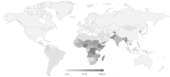 World map showing population without electricity access in 2019 (source: IEA, 2020).