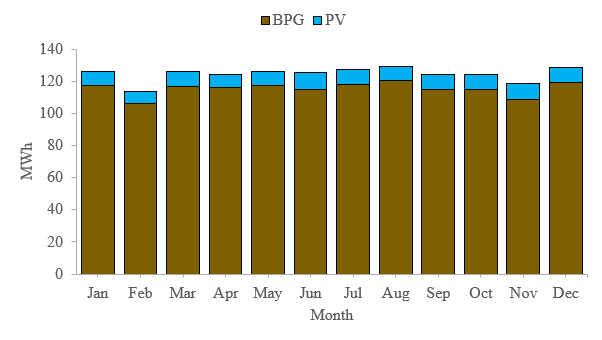 Off-grid monthly output of power generation. Note: BPG = biogas power generator, PV = photovoltaic power panel.