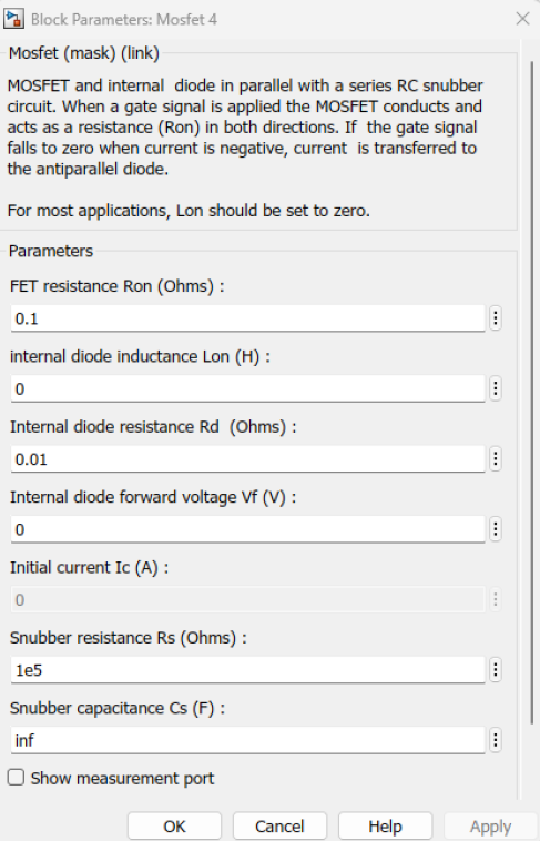 Parameters of the MOSFET block.