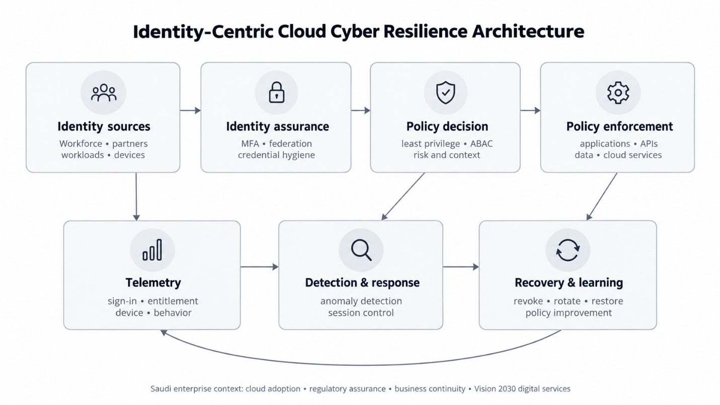 Identity-centric cloud cyber resilience architecture for Saudi enterprise environments.