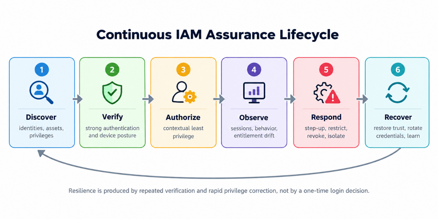 Continuous IAM assurance lifecycle: discover, verify, authorize, observe, respond and recover.
