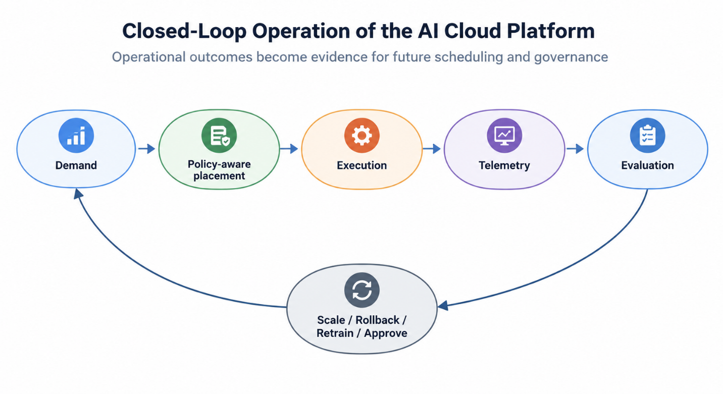 Closed-loop infrastructure operation linking workload demand, policy, telemetry and lifecycle actions.
