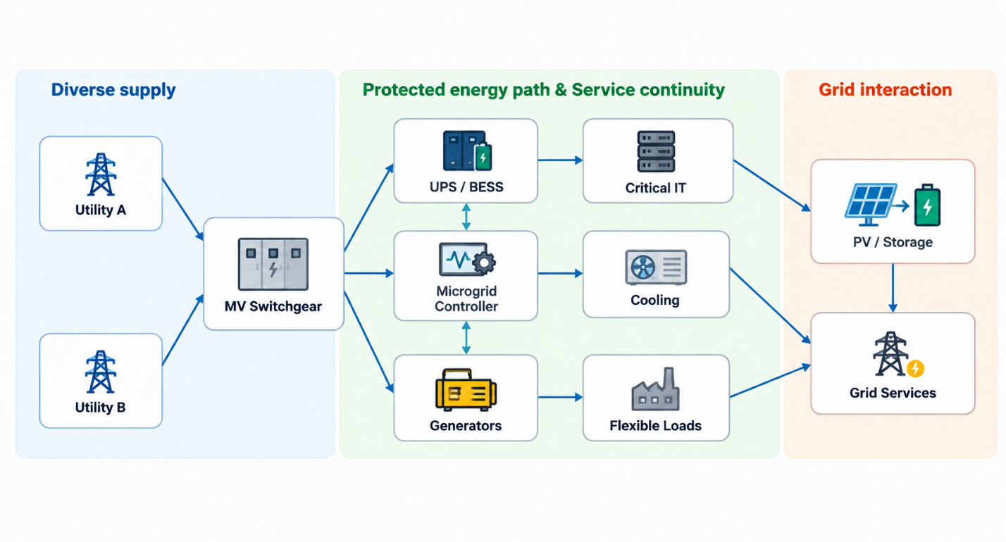 Layered resilient power architecture for mission-critical data centers in Saudi Arabia.
