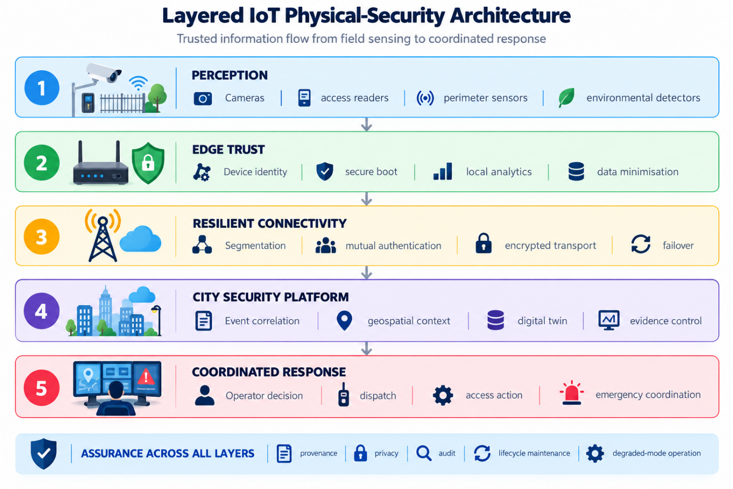 Layered IoT physical-security architecture with assurance controls across sensing, edge, connectivity, platform and response functions.