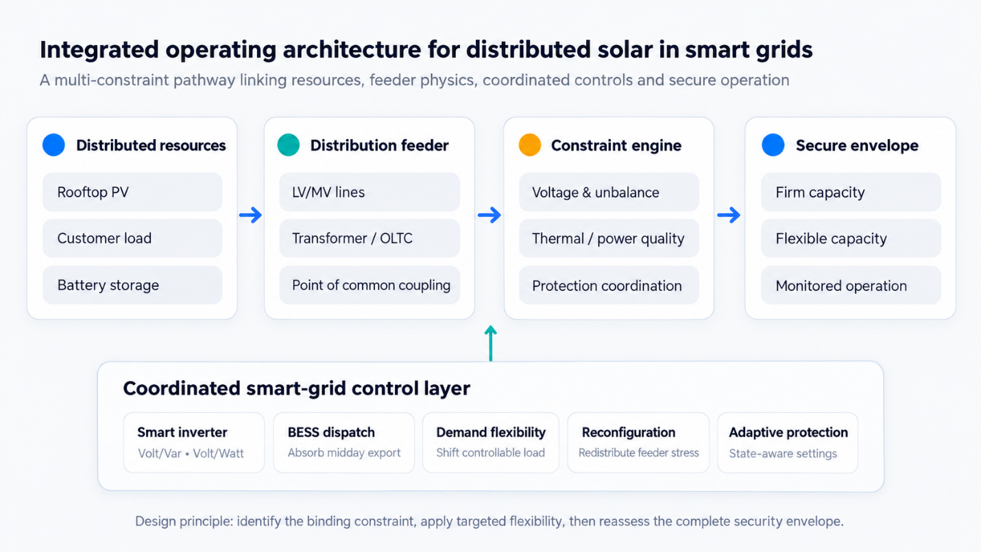 Integrated operating architecture for distributed solar in smart distribution grids. The conceptual synthesis links distributed resources to feeder constraints, coordinated flexibility and a secure connection envelope.
