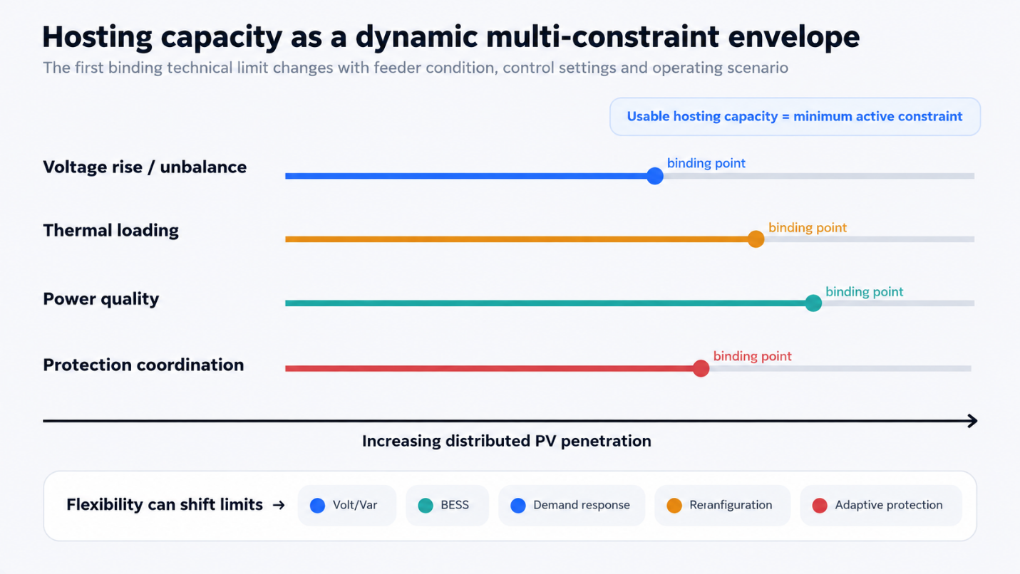 Hosting capacity as a dynamic multi-constraint envelope. The usable capacity is set by the first binding technical limit, while coordinated flexibility can shift individual constraints.