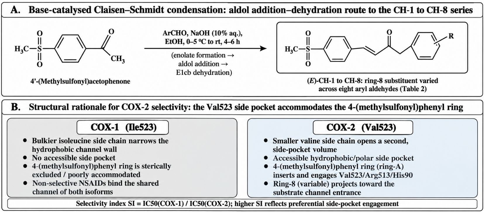 (A) Base-catalysed Claisen-Schmidt condensation route from 4'-(methylsulfonyl)acetophenone to the CH-1 to CH-8 series. (B) Structural rationale for COX-2 selectivity via the Val523 side pocket, absent in COX-1 owing to the bulkier Ile523 side chain [4,5].