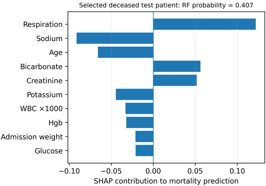 Individual SHAP contributions for the selected deceased test patient.