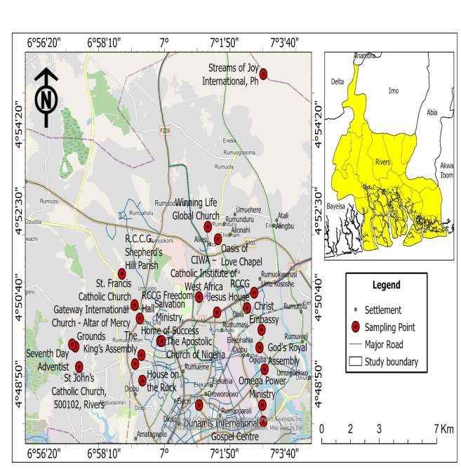 Map of the selected worship centers in Obio/Akpor LGA, Rivers State.