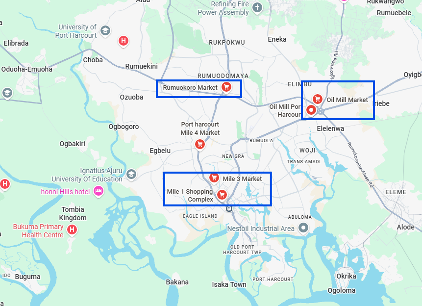 Map of Port Harcourt showing the markets under study (Source: Google Maps, 2025).