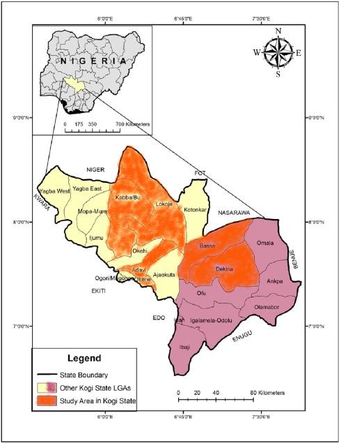 Map of Nigeria showing Kogi State and the six study Local Government Areas.