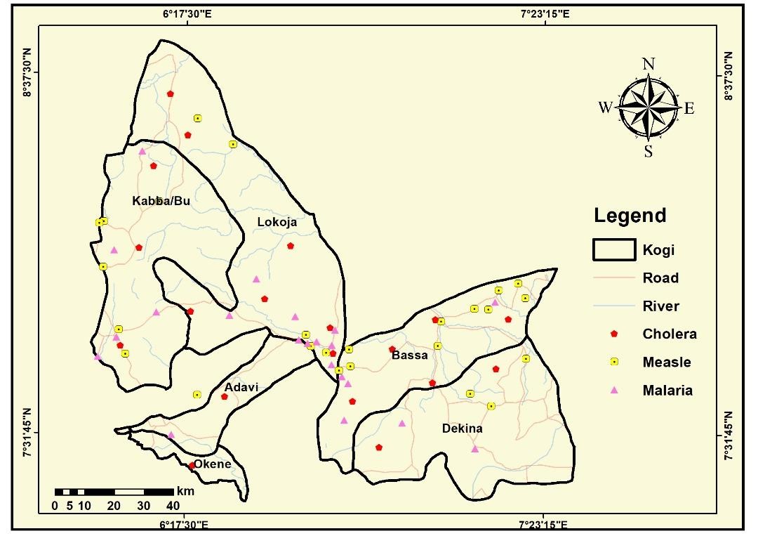 Spatial distribution of reported malaria, measles and cholera cases in Kogi State.