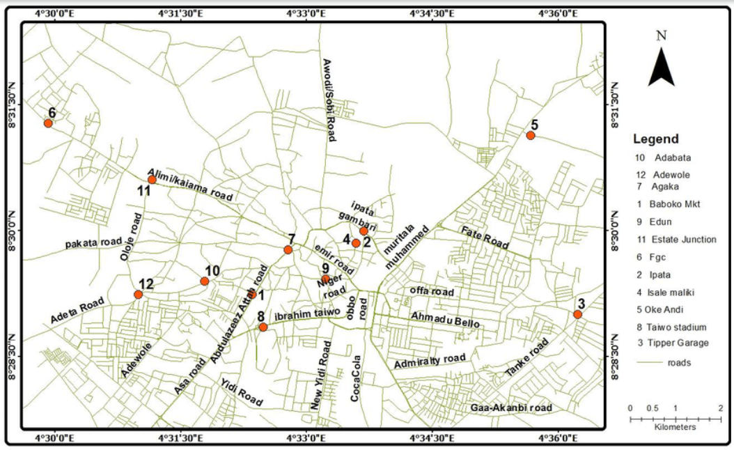 Road map of Ilorin showing the study area.