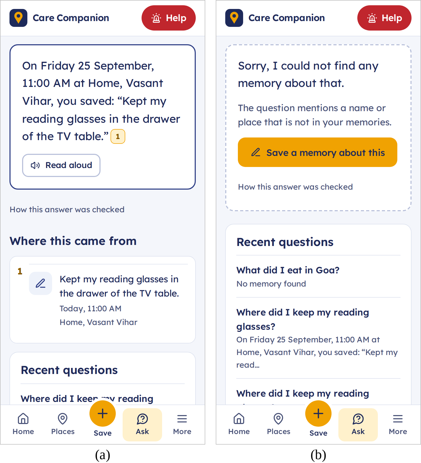 User interface: (a) an answer quoting the saved record, with its source listed below; (b) a refusal for a question about a place that was never recorded.